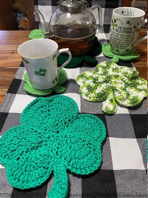 St. Patrick's Day Handmade Crochet Shamrock Hotpad 3 Different Hotpads