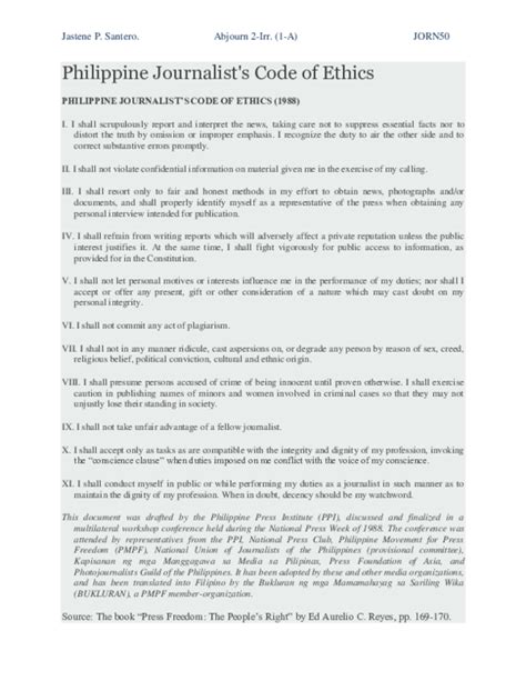 Doc Philippine Journalists Code Of Ethics Philippine Journalists