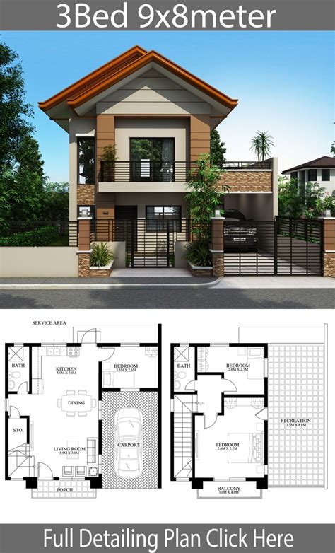 There are two bedrooms, both with separate toilet and bath. Home design plan 9x8m with 3 bedrooms #casaspequeñas ...
