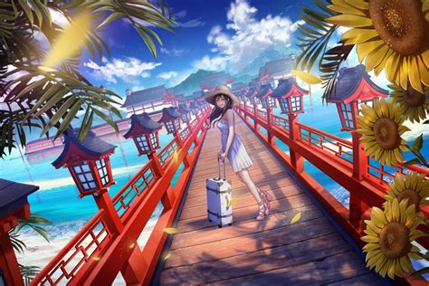 Long Hair Anime Anime Girls Beach Clouds Dress Flowers