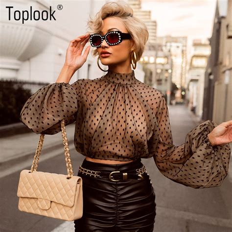 toplook dots mesh see through fashion t shirt women crop top long sleeve high neck elegant