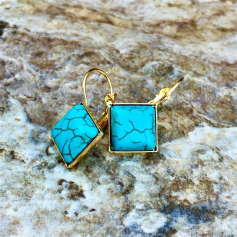 Natural Turquoise Gemstone Earrings Lever Back Earrings Gold Etsy