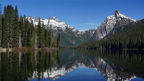 Download Wallpaper 1366x768 Mountains Forest Trees Lake Reflection