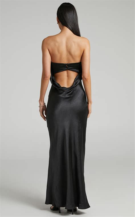 Charlita Strapless Cowl Back Satin Maxi Dress In Black Showpo Nz