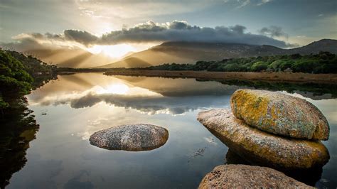 Nature Lake Rock Mountains Sunset Hd Wallpaper