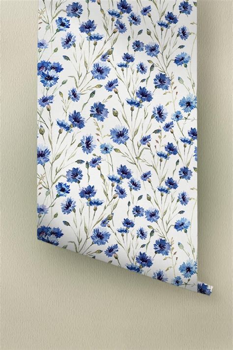 Blue Cornflower Pattern Wallpaper Removable Wallpaper Floral Etsy