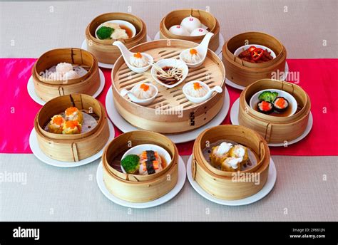 Different Various Kinds Of Dim Sum Including Dumplings Traditional