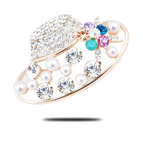 B004 Pearl Hat Brooch For Women Gold And Silver Color Rhinestone Brooch