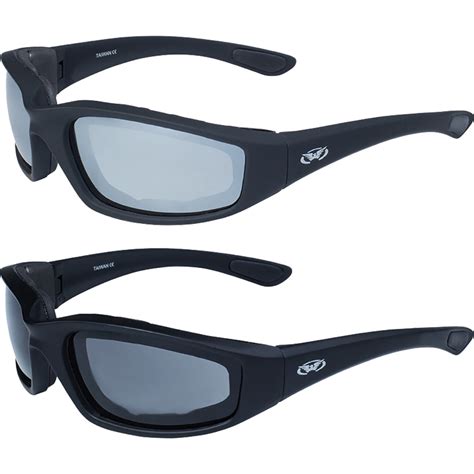 Two 2 Pairs Kickback Padded Motorcycle Sunglasses Black Frame Mirror Lens And Smoke Lens