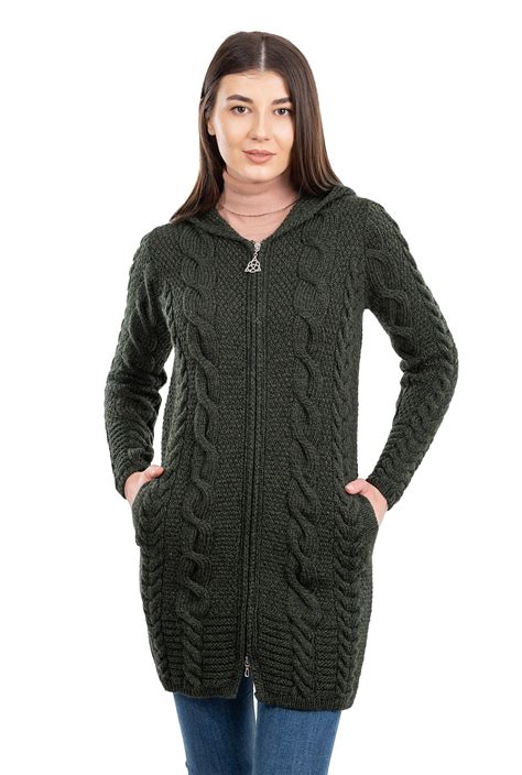 Saol 100 Merino Wool Womens Aran Zip Cable Knit Cardigan Sweater