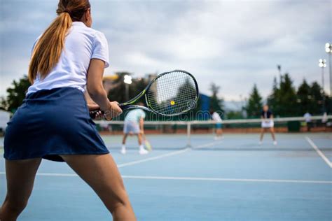 Portrait Of Happy Fit Young Woman Playing Tennis People Sport Healthy