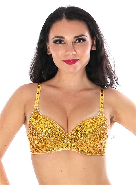 Yellow And Gold Sequin Cabaret Dance Costume Bra With Beading