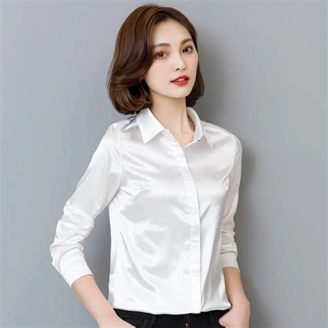 2018 Women Fashion Silk Satin Blouse Shirt Button Ladies Silk Chiffon Shirt Office White Long