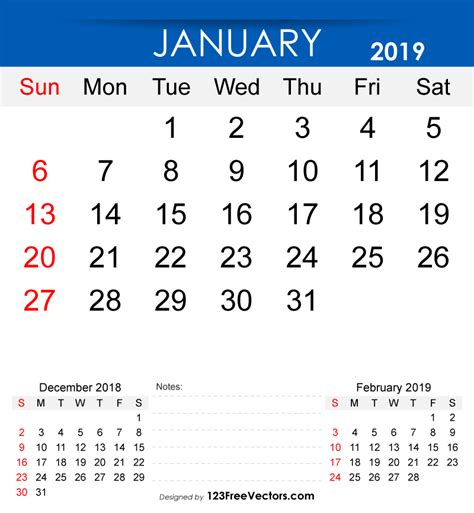 Free Printable January 2019 Calendar