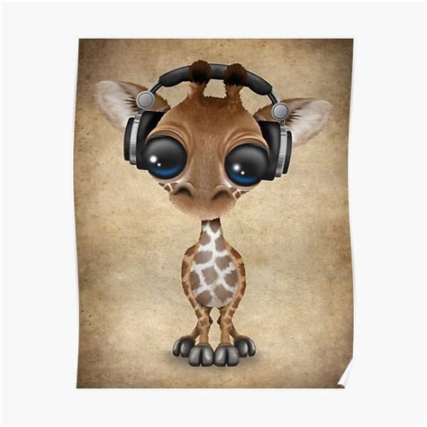 Cute Baby Giraffe Dj Wearing Headphones Poster For Sale By