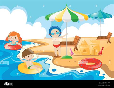 Kids Having Fun On The Beach Illustration Stock Vector Image And Art Alamy