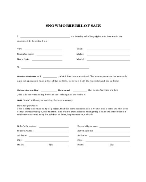2023 Snowmobile Bill Of Sale Form Fillable Printable Pdf And Forms