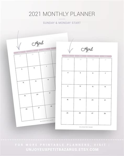 2021 Monthly Planner Printable Monthly Calendar Monday And Etsy