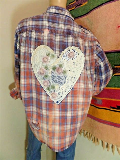 Upcycled Flannel Shirt Bleached Xl Lace Heart Collage Hippie ☮ By Bird