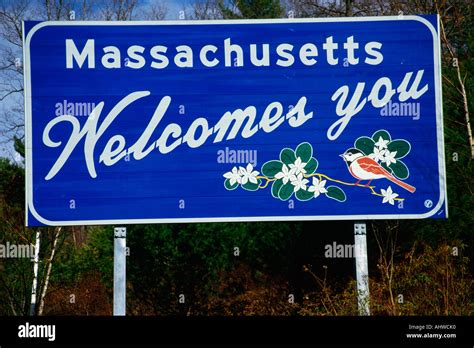 This Is A Road Sign That Says Massachusetts Welcomes You It Is Against
