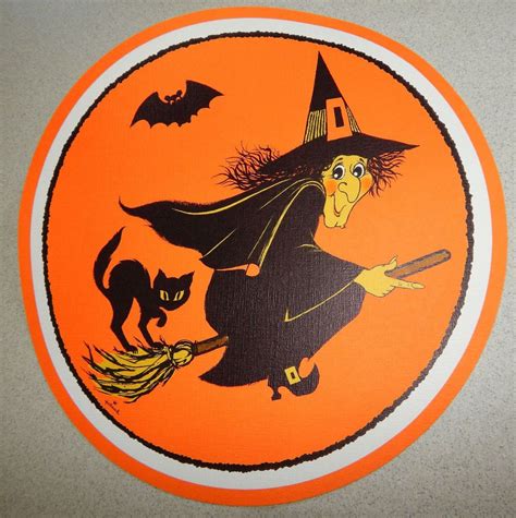 Vintage Hallmark Halloween 14 Round Paper Place Mat Witch Black Cat