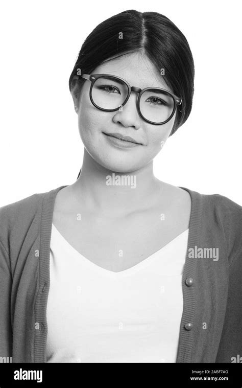Face Of Young Asian Nerd Woman With Eyeglasses In Black And White Stock