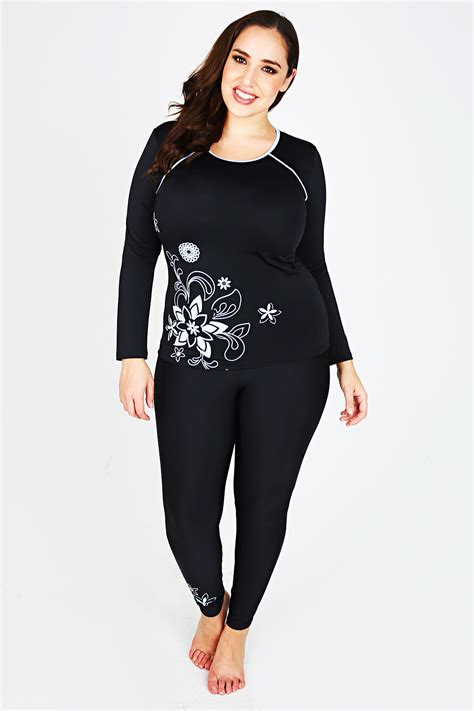 Black Swim Leggings With Floral Print Plus Size Plus Size 16182022