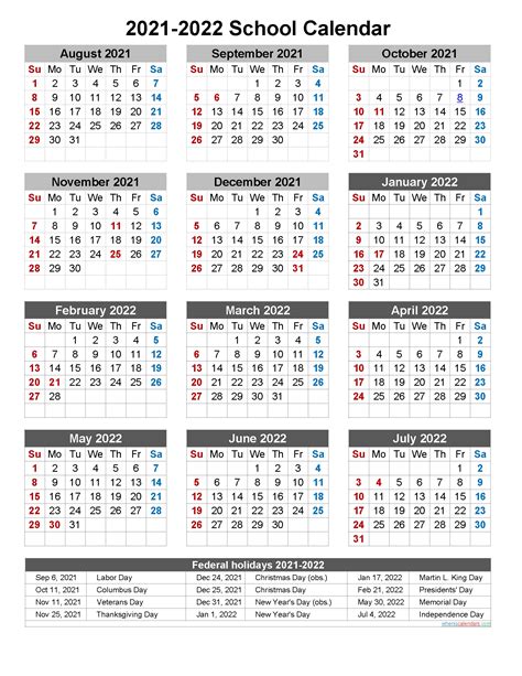 Printable 2021 2022 School Calendar Best Calendar Example