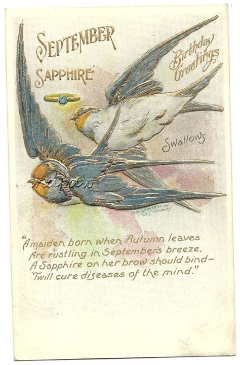 September Sapphire Birthstone Swallows Bird Poem Vintage Postcard Fred