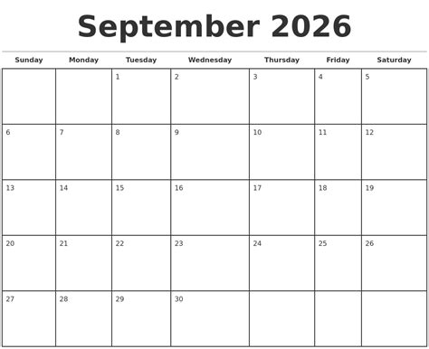 September 2026 Monthly Calendar Template