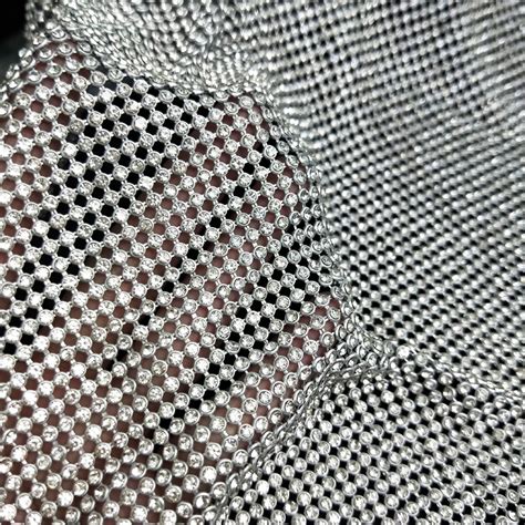45x120cm Sparkly Silver Base Rhinestone Metal Mesh Chainmail Fabric For
