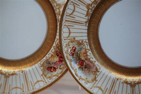 Set Of 12 Royal Doulton Hand Painted Dinner Plates Raised Gold At 1stdibs