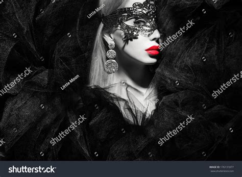 Beautiful Lady Mask Red Lips Black Stock Photo 176131877
