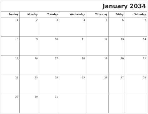January 2034 Printable Blank Calendar