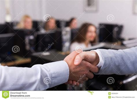Friendly Boss Greeting New Colleague Stock Image Image Of Computer