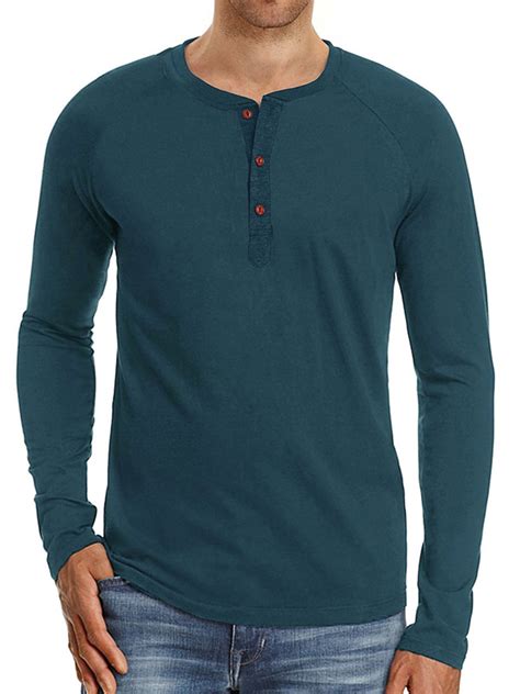Long Sleeve Pullover Tops For Mens Casual Buttons Henley V Neck T