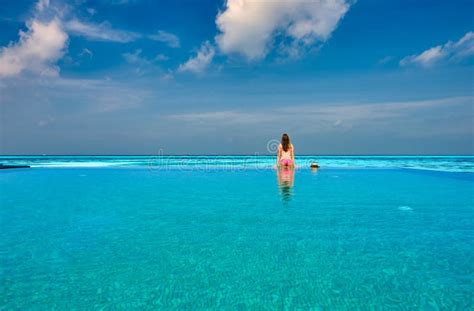 Woman In Infinity Swimming Pool At Maldives Stock Image Image Of