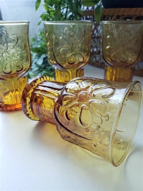 70s Vintage Amber Glass Libbey Daisy Drinking Glasses Set Of Etsy