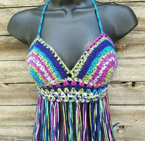 Colorful Crochet Fringe Bikini Top Boho Fringe Halter Top Crochet Hot