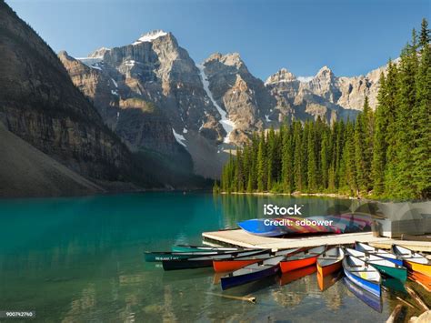 Canoe Rental Dock Moraine Lake Banff National Park Alberta Canada Stock