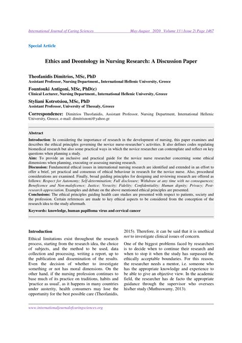 Pdf Special Article Ethics And Deontology In Nursing Research A