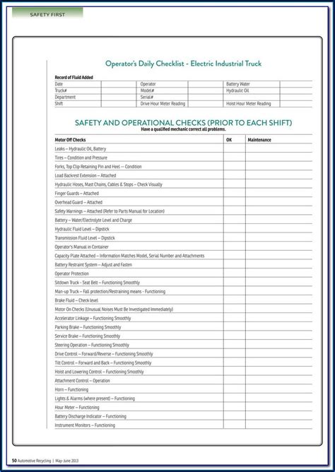 Forklift Operators Daily Checklist Printable