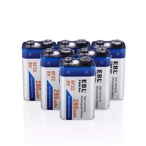 Ebl 6pcs 6f22 9v Rechargeable Batteries 280mah Ni Mh 9 Volt Replacement