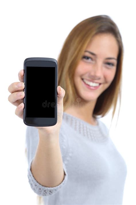 Gelukkige Mooie Vrouw Die Het Leeg Slim Telefoonscherm Tonen Stock Foto