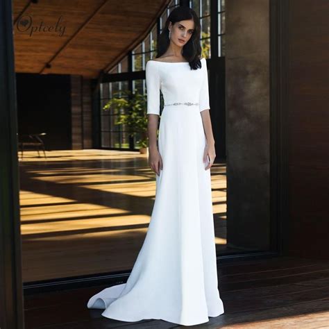 Simple Boat Neck White A Line Wedding Dress High Quality Beaded Half S White Wedding Dresses