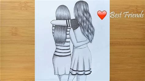 Best Friends Pencil Shading Drawing Friends Two Hugging Draw Pencil