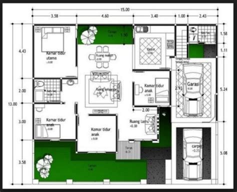 Denah cukup unik berbentuk l, di bagian depan akan kita dapati carport dengan ukuran 3x5 meter, taman 3x4 meter dan teras berukuran 0.8x2,5 meter. 15 Denah Rumah Mewah 1 Lantai 4 Kamar Tidur Minimalis 2018