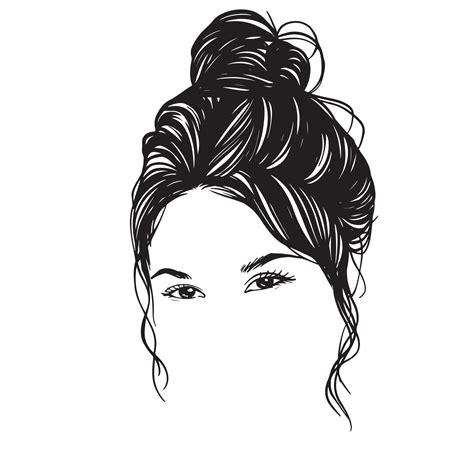 Beauty Woman In Messy Bun Messy Bun Hair Illustration Line Art