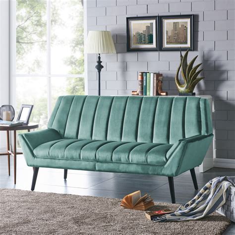 Handy Living Houston Mid Century Modern Turquoise Blue Velvet Sofa