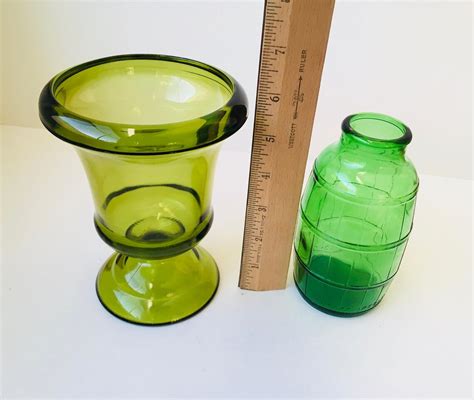 2 Vintage Green Glass Vases Etsy